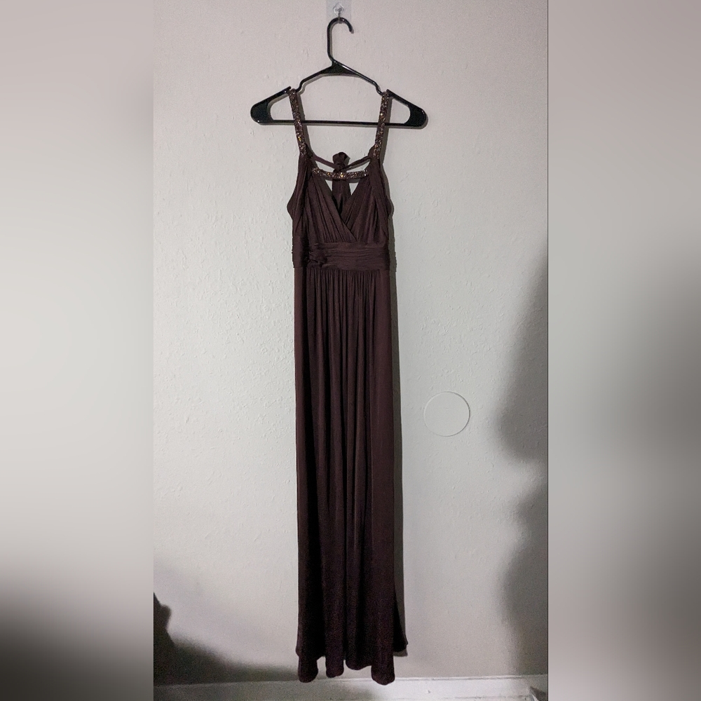 BCBGMaxazria brown size small floor length dress with beaded neckline